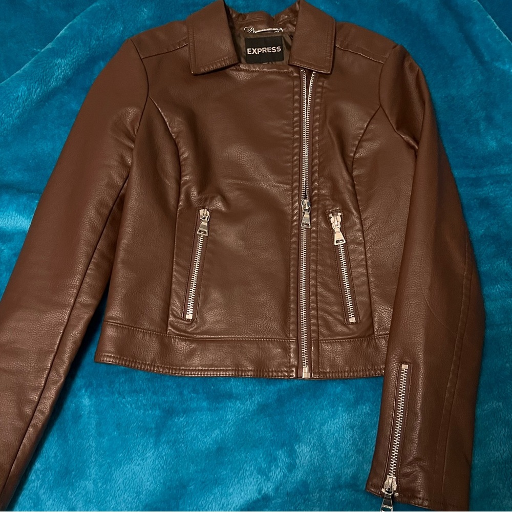 Brown pebbled vegan leather jacket express